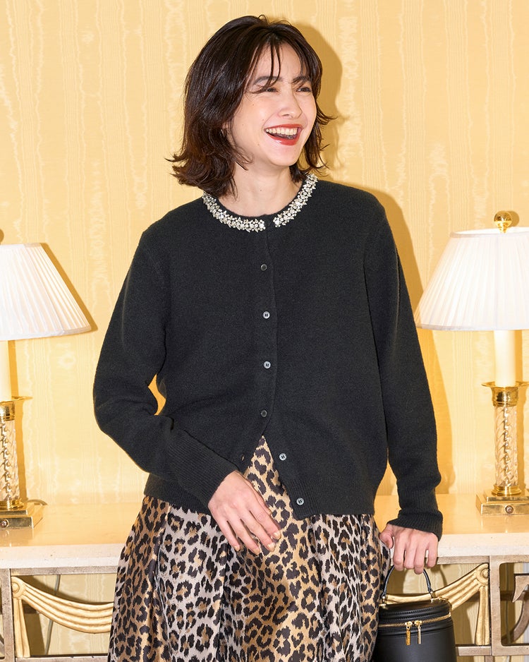 ウール混・ネックビジューカーディガン 詳細画像 ブラック 2