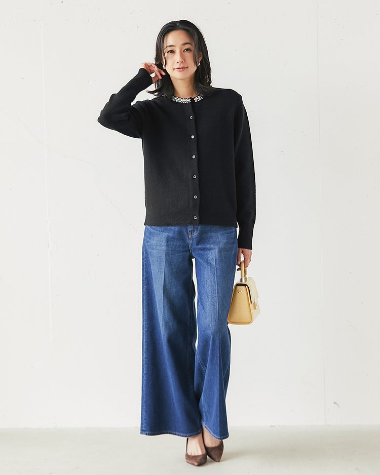 ウール混・ネックビジューカーディガン 詳細画像 ブラック 5