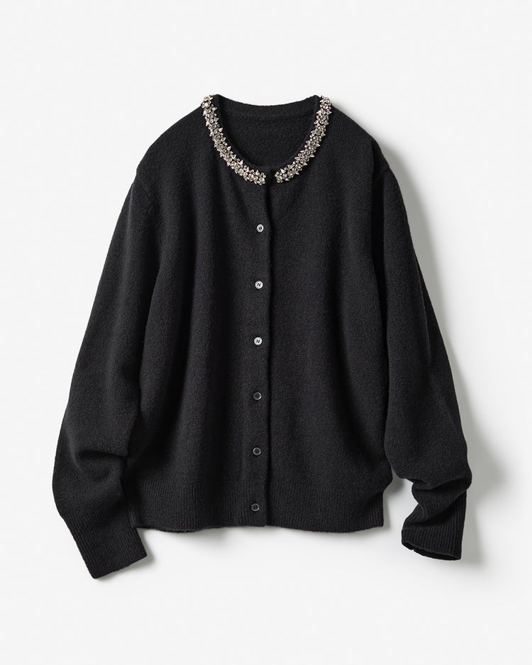 ウール混・ネックビジューカーディガン 詳細画像 ブラック 7