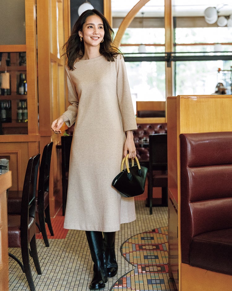 ウールタッチジャカード・Aラインワンピース 詳細画像 ベージュ・パターン 1