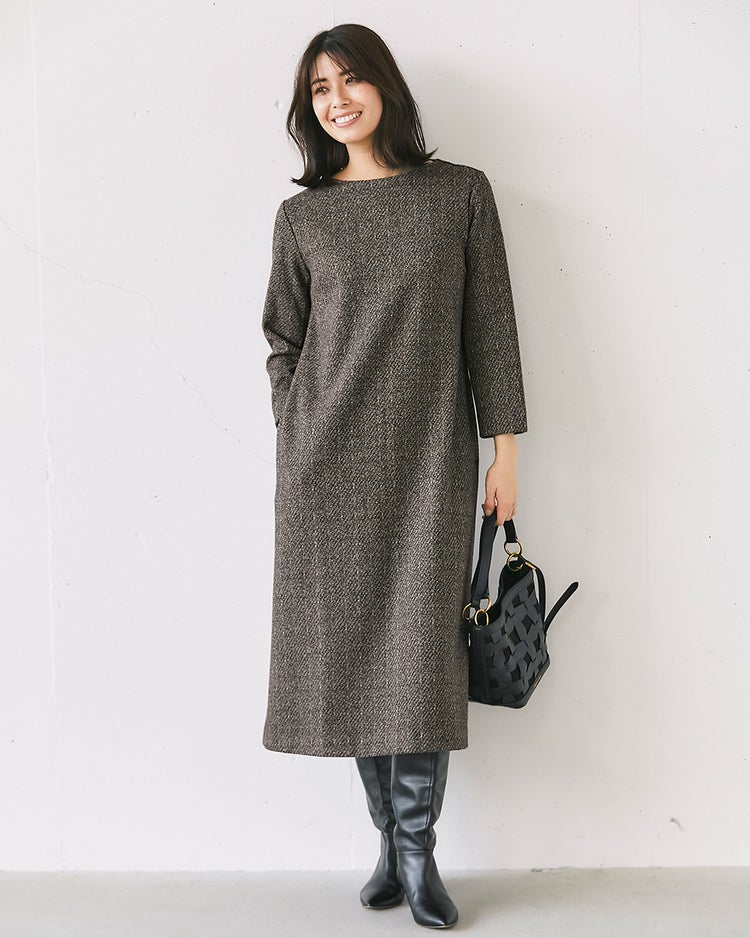 ウールタッチジャカード・Aラインワンピース 詳細画像 ブラウンパターン 4