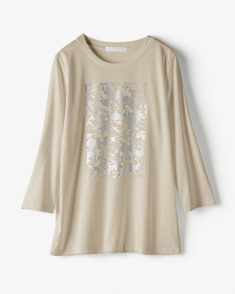メタリックデザインＴシャツ／7分袖 詳細画像 ベージュ・パターン 1
