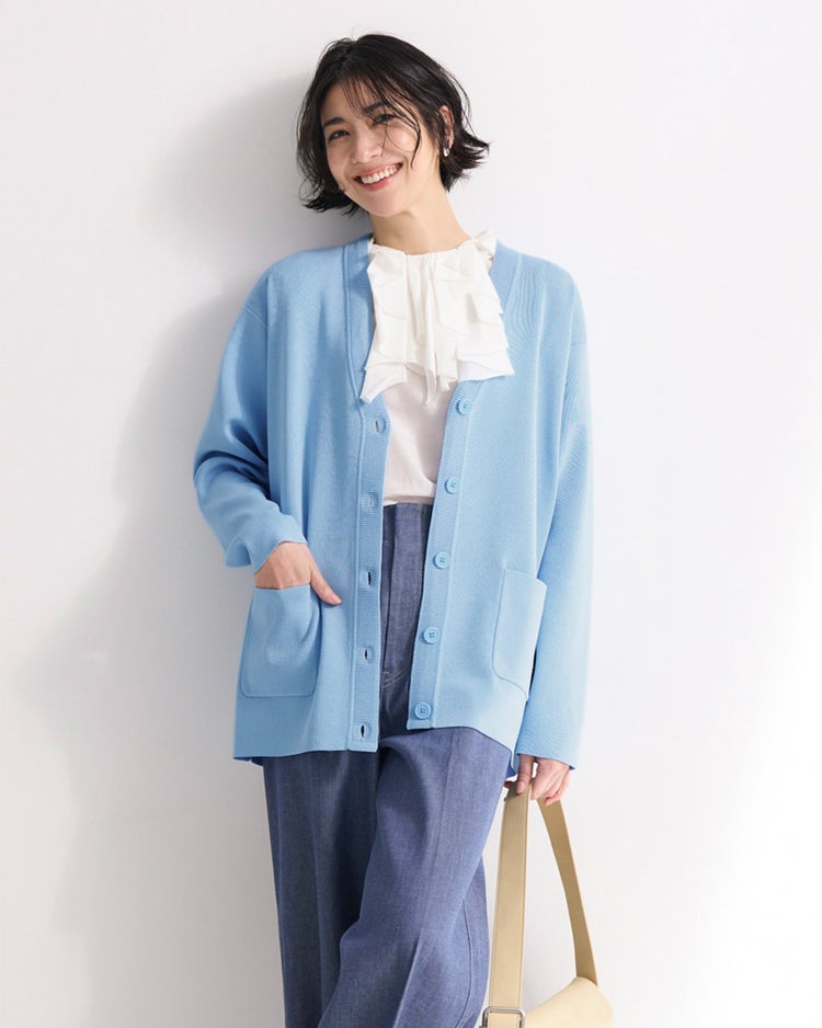 総針編み・Vネックカーディガン 詳細画像 サックス 1