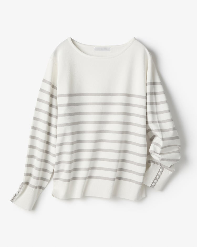 ストレッチニット・袖ボタンボートネック 詳細画像 ホワイトｘグレー 1