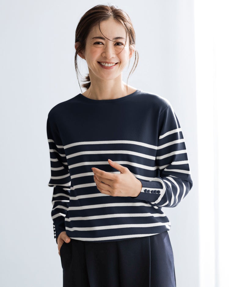 ストレッチニット・袖ボタンボートネック 詳細画像 ネイビー&times;ホワイト 1