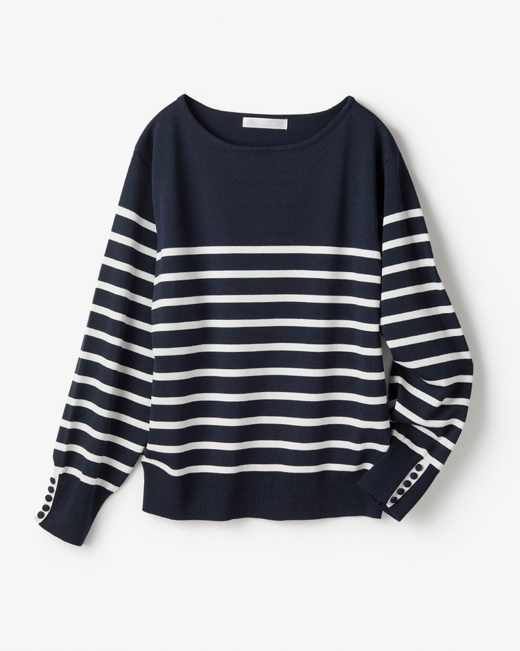 ストレッチニット・袖ボタンボートネック 詳細画像 ネイビー&times;ホワイト 5