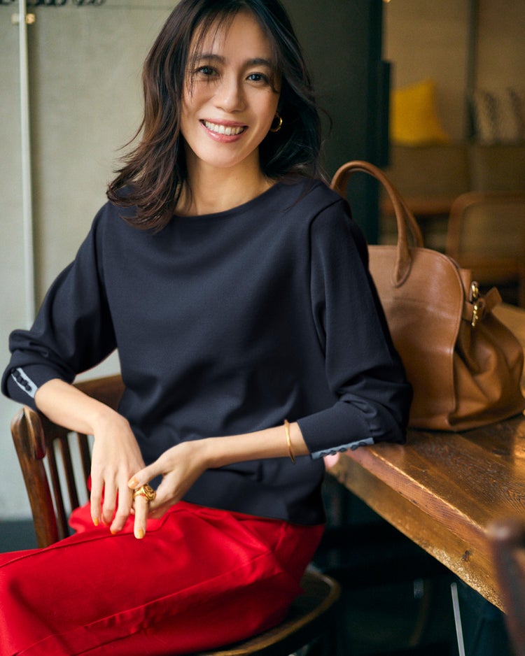 ストレッチニット・袖ボタンボートネック 詳細画像 ネイビー 1