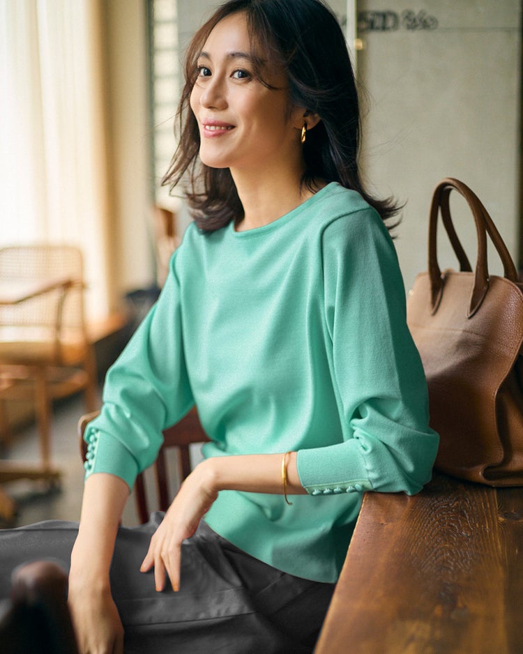 ストレッチニット・袖ボタンボートネック 詳細画像 ブルーグリーン 1