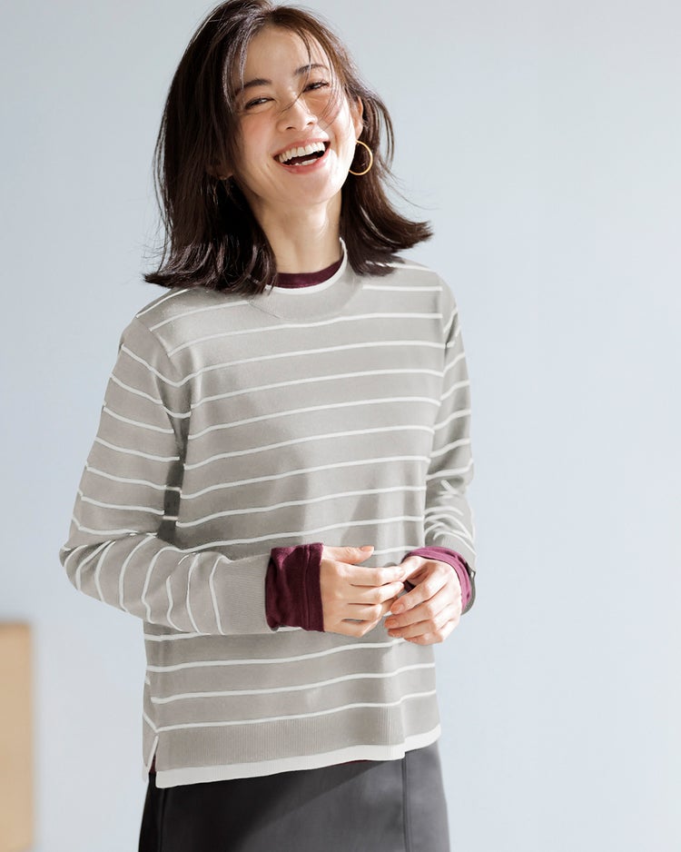 ストレッチニット・リブ配色クルーネック 詳細画像 グレーパターン 1