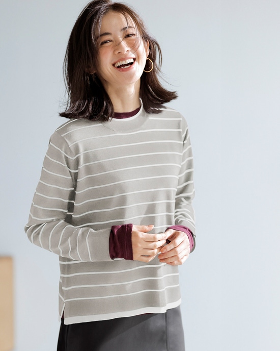 ストレッチニット・リブ配色クルーネック