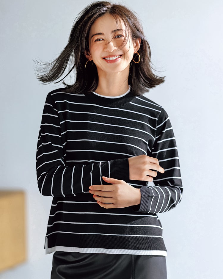 ストレッチニット・リブ配色クルーネック 詳細画像 ブラックパターン 1