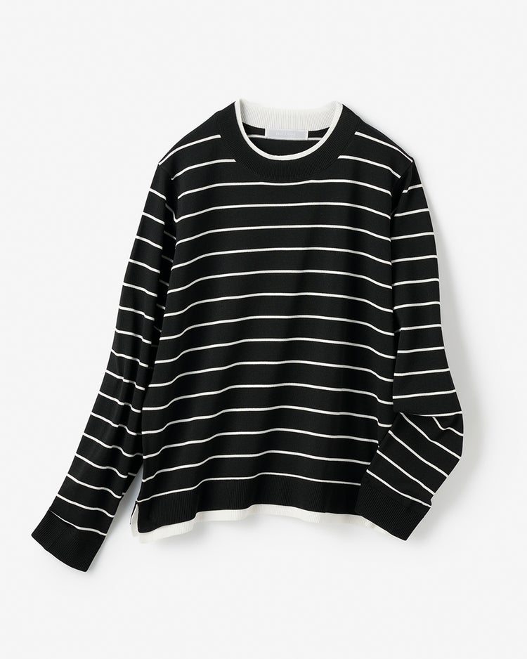 ストレッチニット・リブ配色クルーネック 詳細画像 ブラックパターン 3