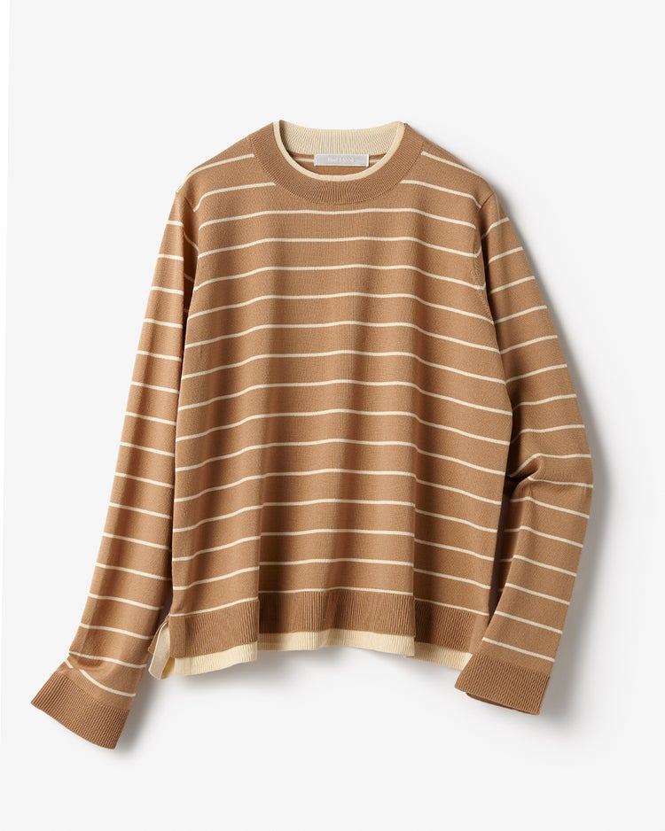 ストレッチニット・リブ配色クルーネック 詳細画像 ベージュ・パターン 4