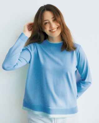 ストレッチニット・リブ配色クルーネック