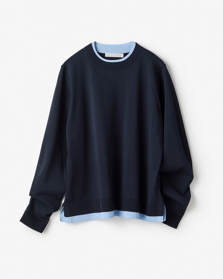 ストレッチニット・リブ配色クルーネック 詳細画像 ネイビー 1