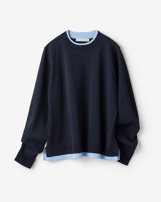 ストレッチニット・リブ配色クルーネック