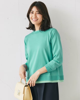 ストレッチニット・リブ配色クルーネック