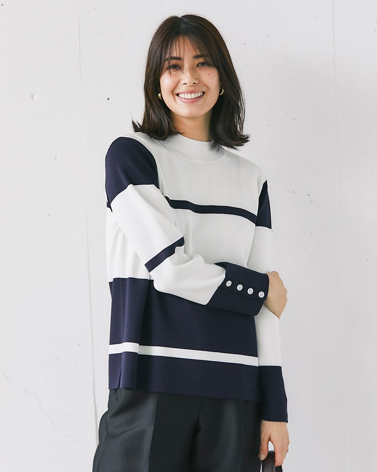 総針ニット・カラーブロックハイネック 詳細画像 ホワイトｘネイビー 1