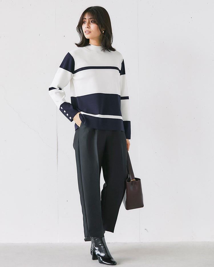 総針ニット・カラーブロックハイネック 詳細画像 ホワイトｘネイビー 3