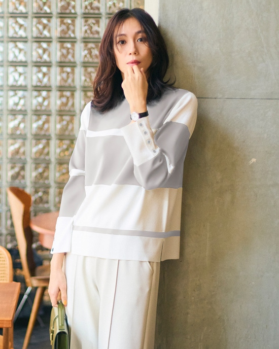 総針ニット・カラーブロックハイネック