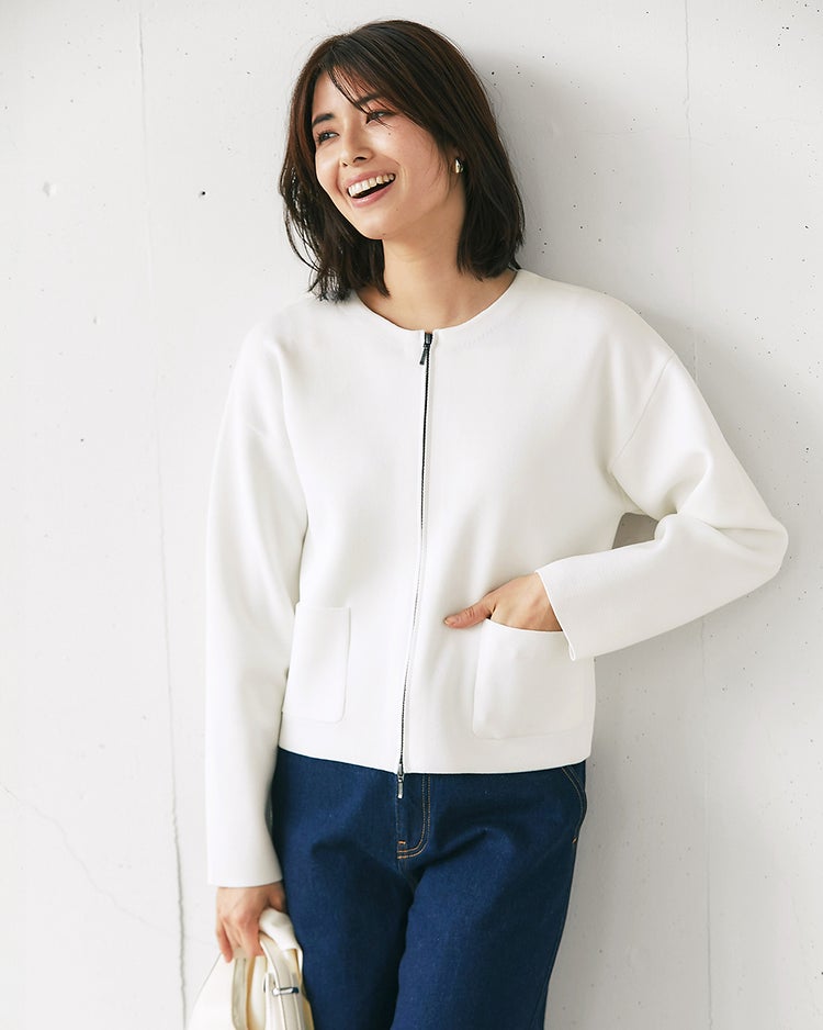 ミラノリブ・ノーカラージップブルゾン 詳細画像 ホワイト 1