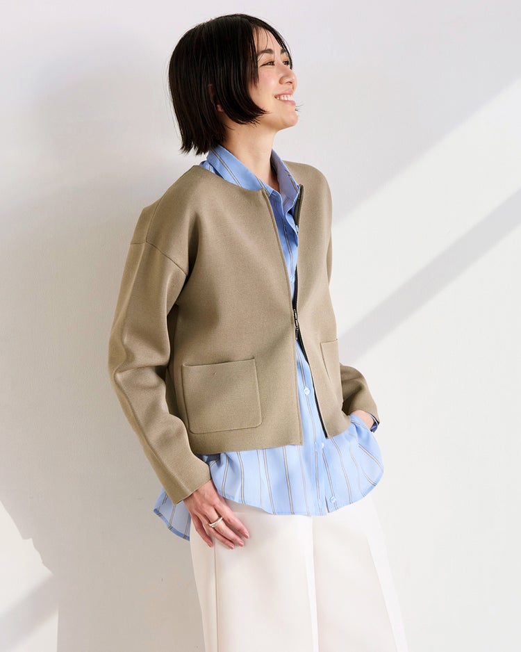 ミラノリブ・ノーカラージップブルゾン 詳細画像 グレーベージュ 1