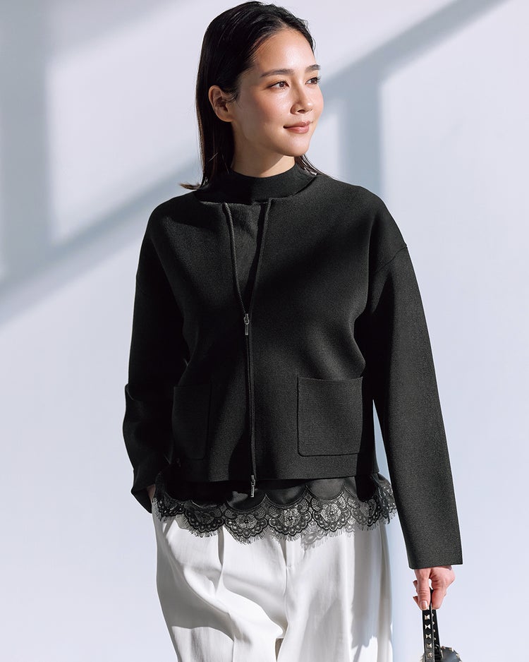 ミラノリブ・ノーカラージップブルゾン 詳細画像 ブラック 1