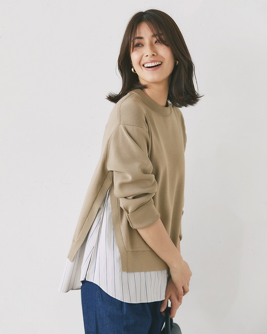 総針ニット・異素材デザインプルオーバー