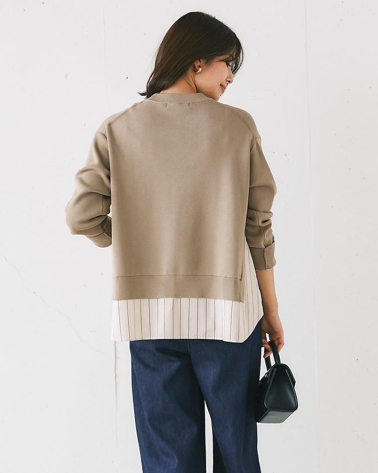 総針ニット・異素材デザインプルオーバー 詳細画像 グレーベージュ 2