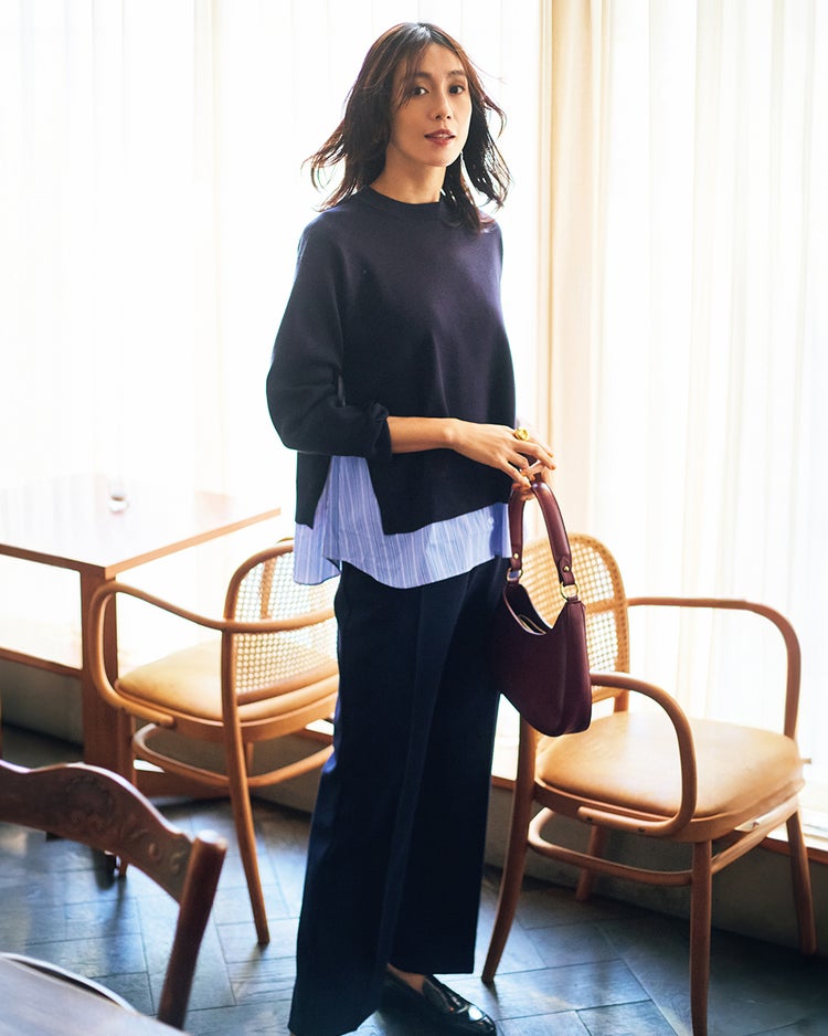 総針ニット・異素材デザインプルオーバー 詳細画像 ネイビー 1