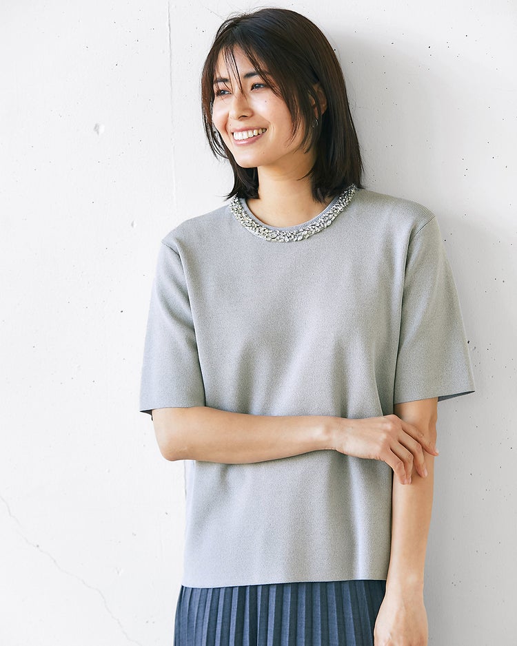 ビジューネック・総針ニットプルオーバー 詳細画像 ライトグレー 1