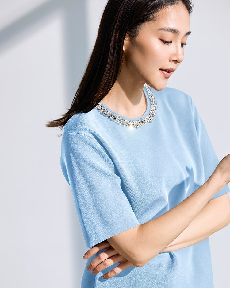 ビジューネック・総針ニットプルオーバー 詳細画像 ペールブルー 1