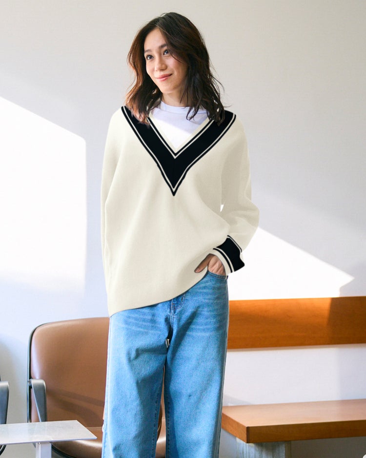 コットン混・配色Vネックセーター 詳細画像 オフホワイト 1