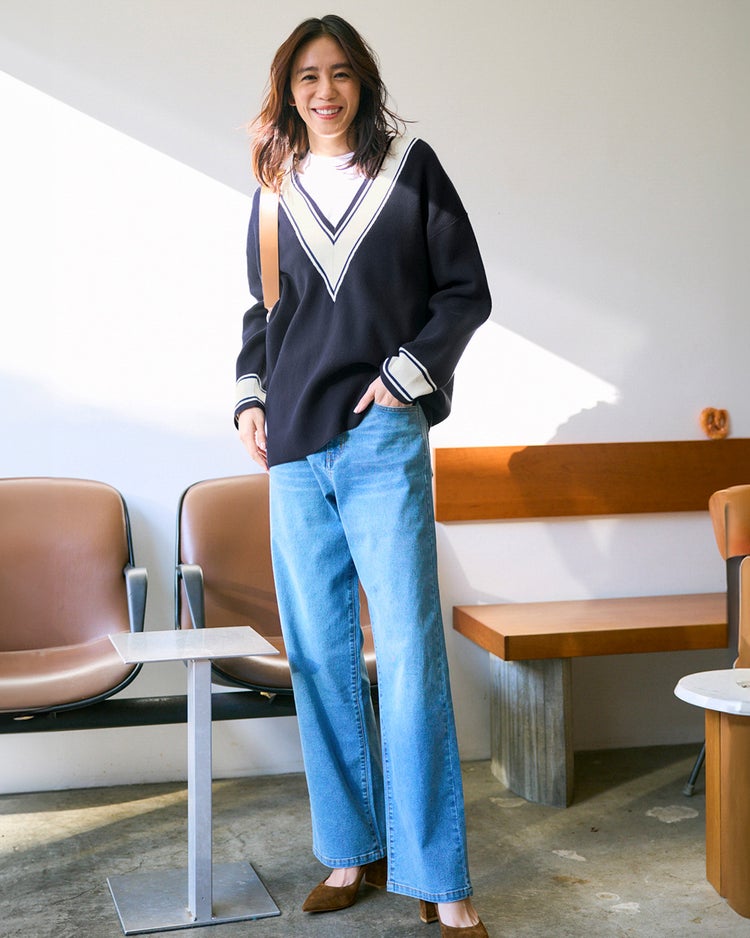 コットン混・配色Vネックセーター 詳細画像 ネイビー 1