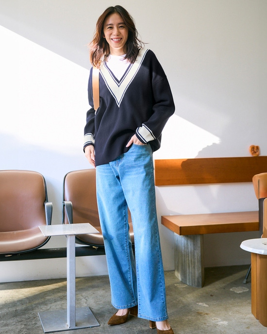 コットン混・配色Vネックセーター