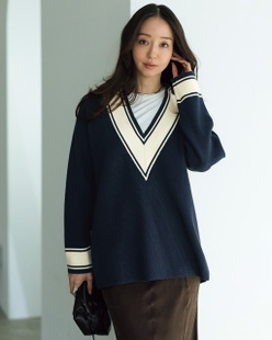 コットン混・配色Vネックセーター