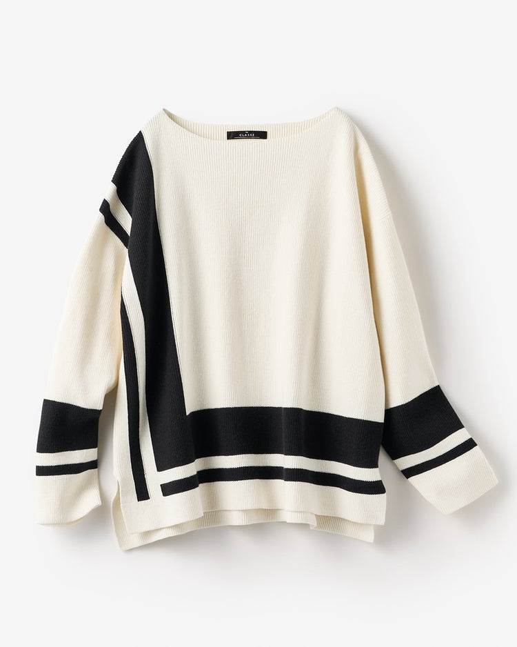 コットン混・配色ボートネックセーター 詳細画像 オフホワイト 3