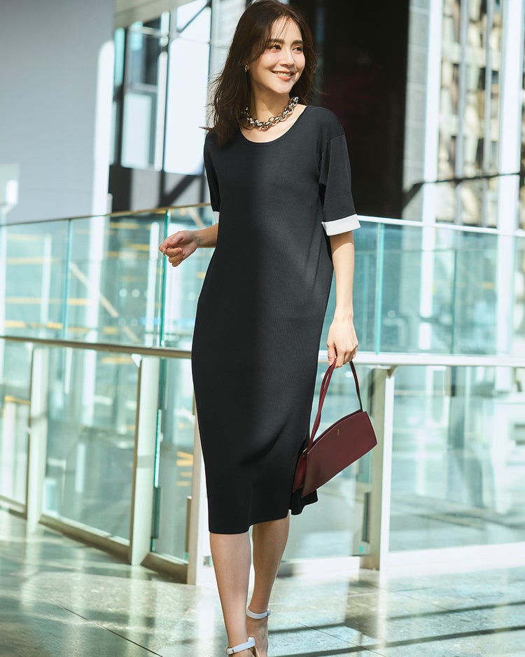 総針ニット・バイカラーワンピース 詳細画像 ブラックパターン 1