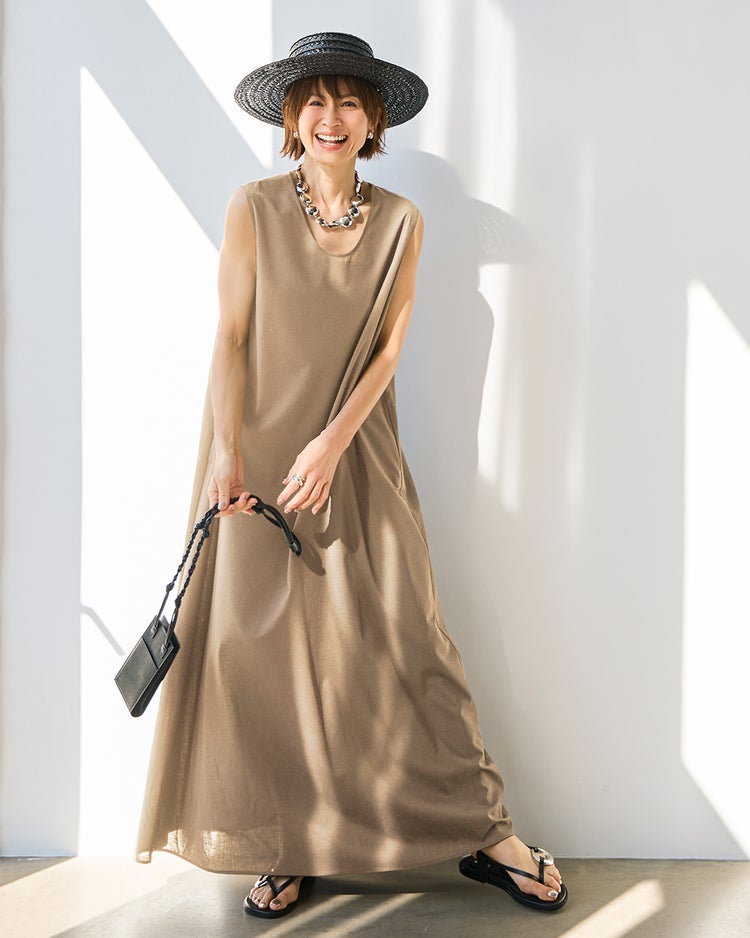 ストレッチビスコース・マキシワンピース 詳細画像 ベージュ 1