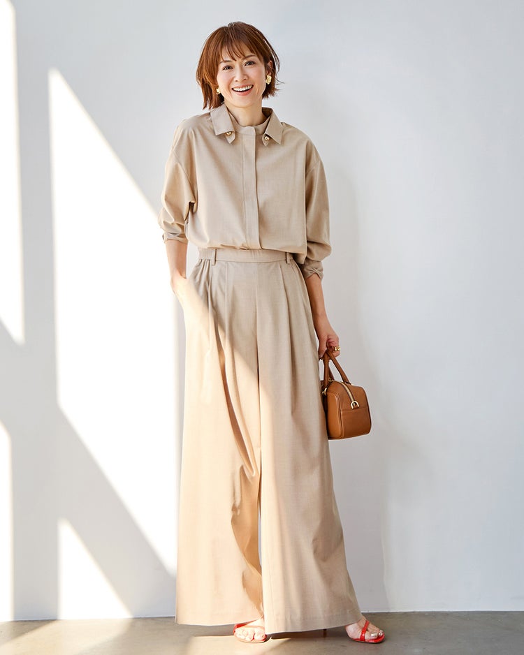 ストレッチビスコース・タックワイドパンツ 詳細画像 ベージュ 1