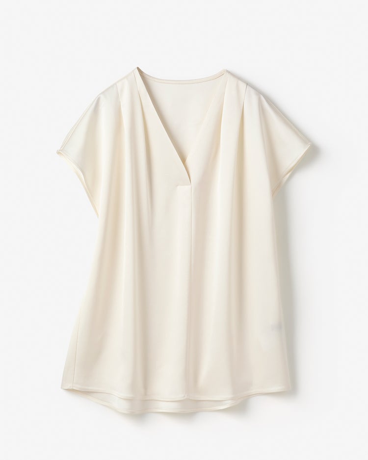 サテンストレッチ・立体Vネックブラウス 詳細画像 オフホワイト 4