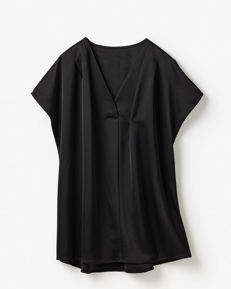 サテンストレッチ・立体Vネックブラウス 詳細画像 ブラック 5