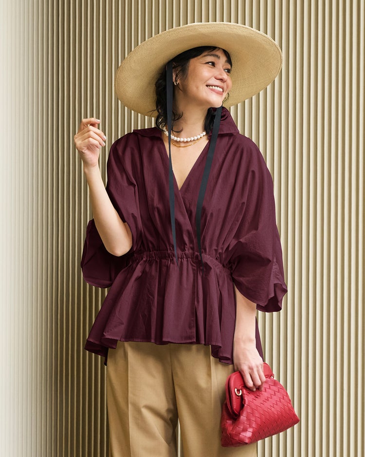 コットン混・カシュクールブラウス 詳細画像 ボルドー 1