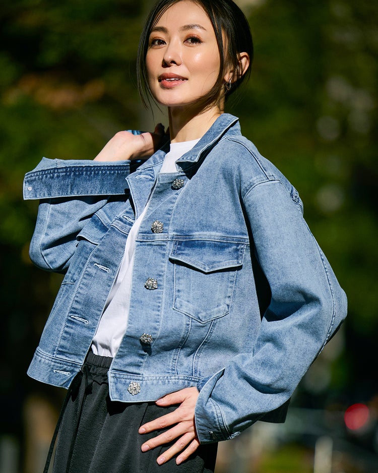 ビジューボタン・ストレッチデニムジャケット 詳細画像 ライトインディゴ 1