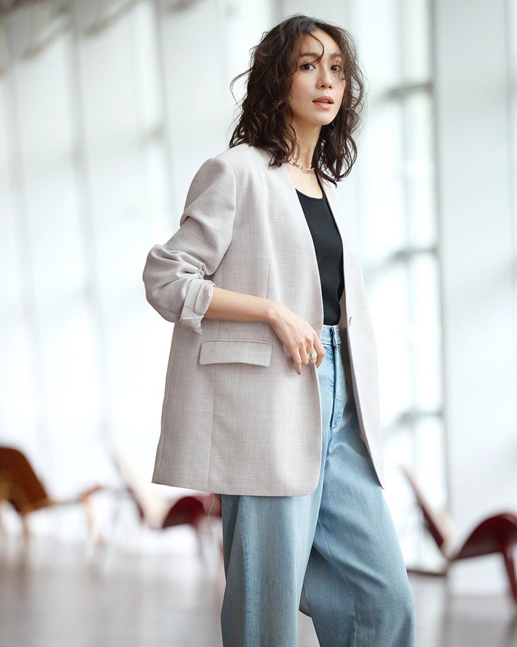 バルキーリネンタッチ・Vノーカラージャケット 詳細画像 ライトグレー 1