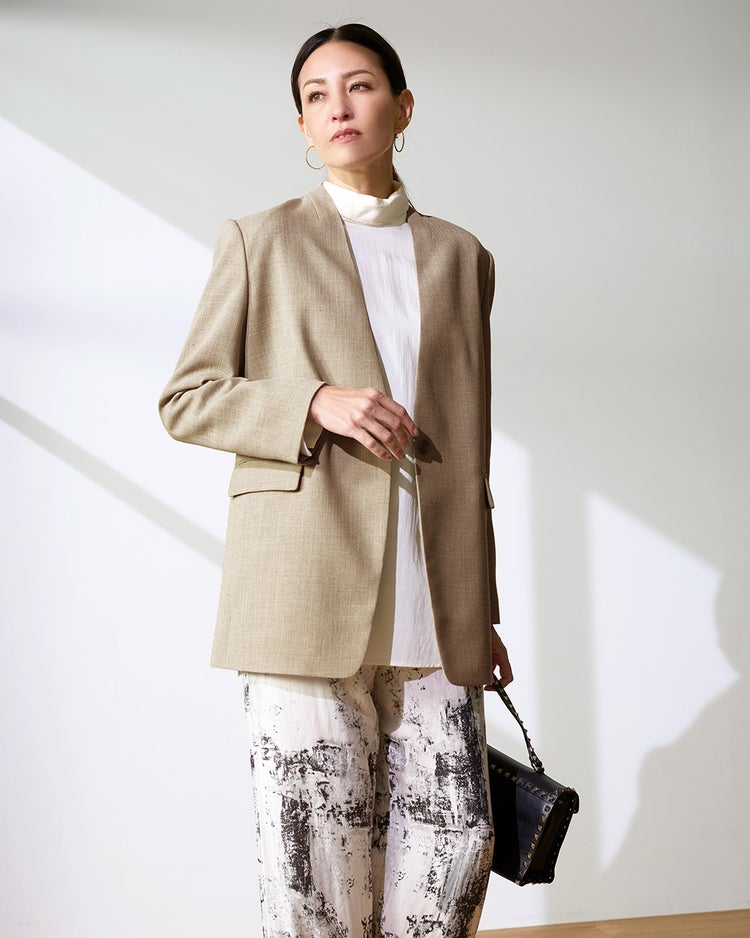 バルキーリネンタッチ・Vノーカラージャケット 詳細画像 ベージュ 1