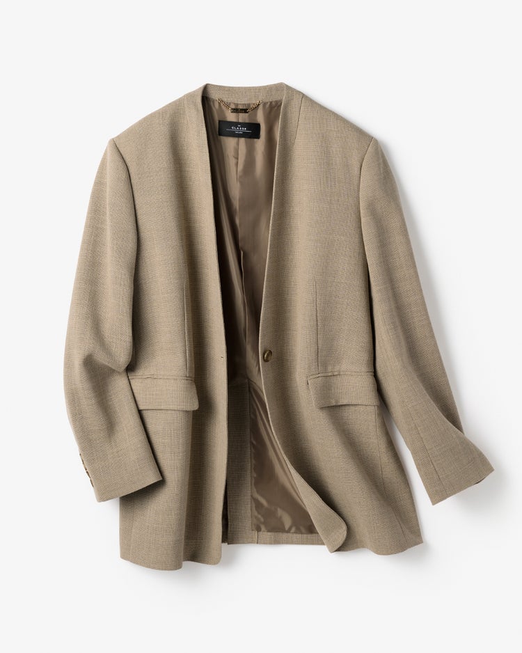 バルキーリネンタッチ・Vノーカラージャケット 詳細画像 ベージュ 2