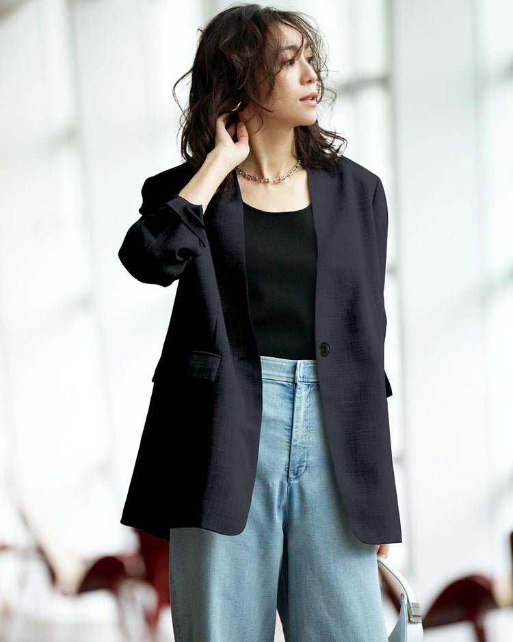 バルキーリネンタッチ・Vノーカラージャケット 詳細画像 ダークネイビー 1