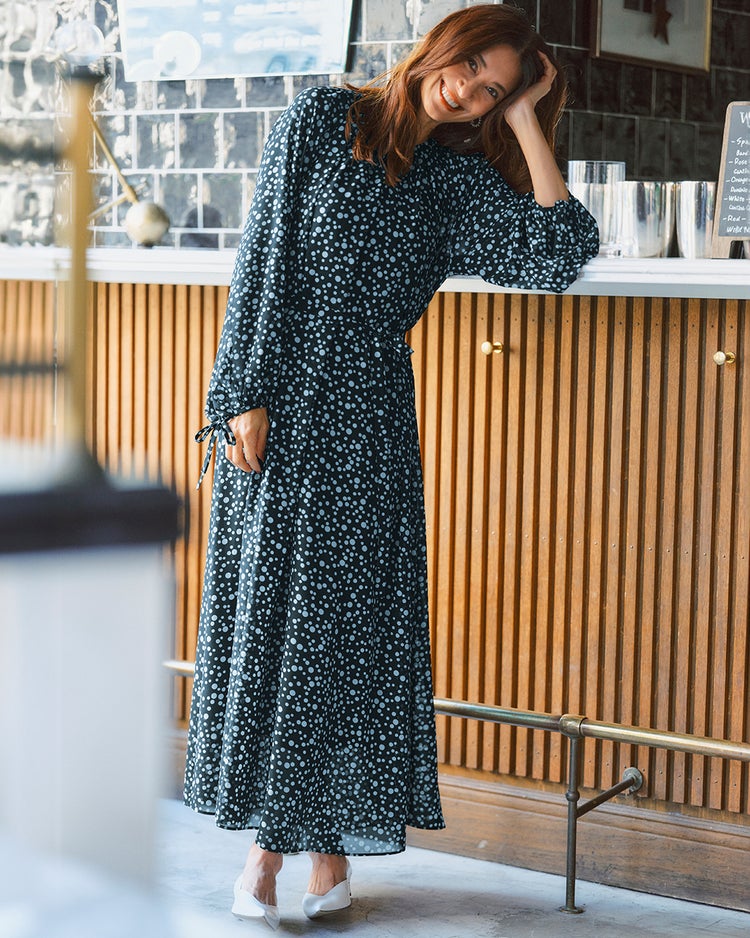 シアーシフォン・ギャザーベルトワンピース 詳細画像 ネイビーパターン 1