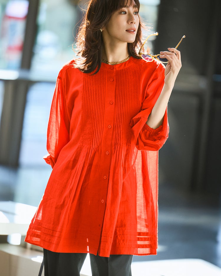 コットンボイル・ピンタックロングブラウス 詳細画像 スカーレット 1